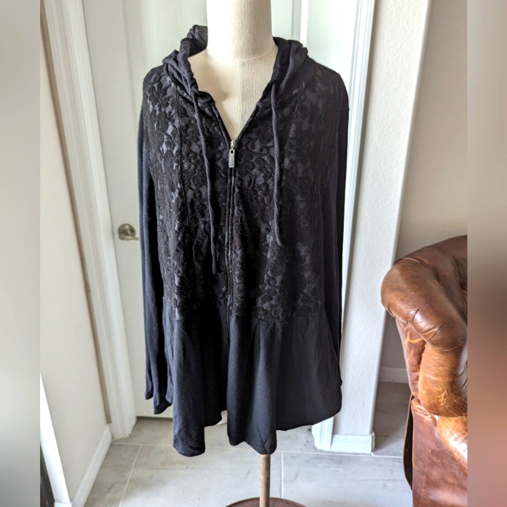 Soma Lounge Black Zippered Hoodie Sweatshirt with Lace Overlay